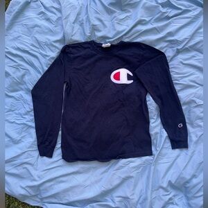 CHAMPION long sleeve, ADULT men’s MEDIUM, features classic patch! NAVY BLUE